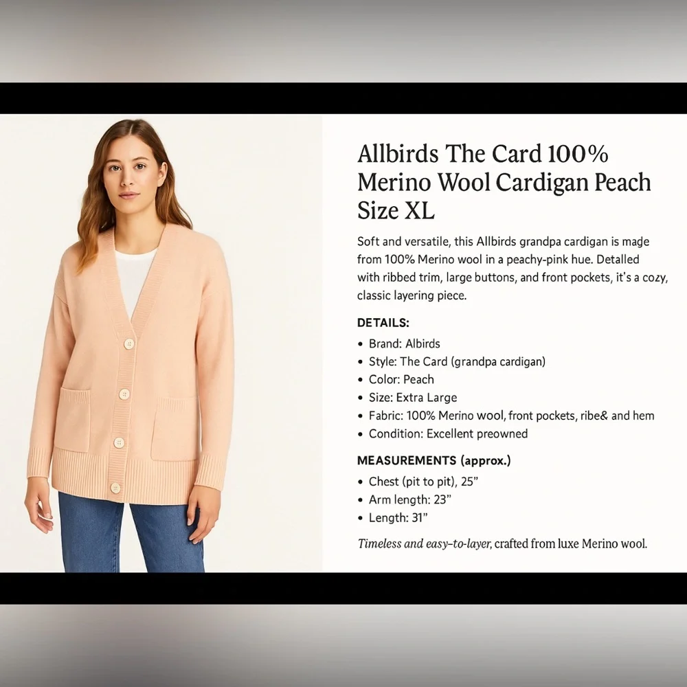 Allbirds The Cardi Peach‎ Merino Wool Button Front Knit Cardigan Top XL